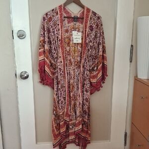 NWT Vince Camuto Boho Floral Tassel Kimono in Rust and Pink_1